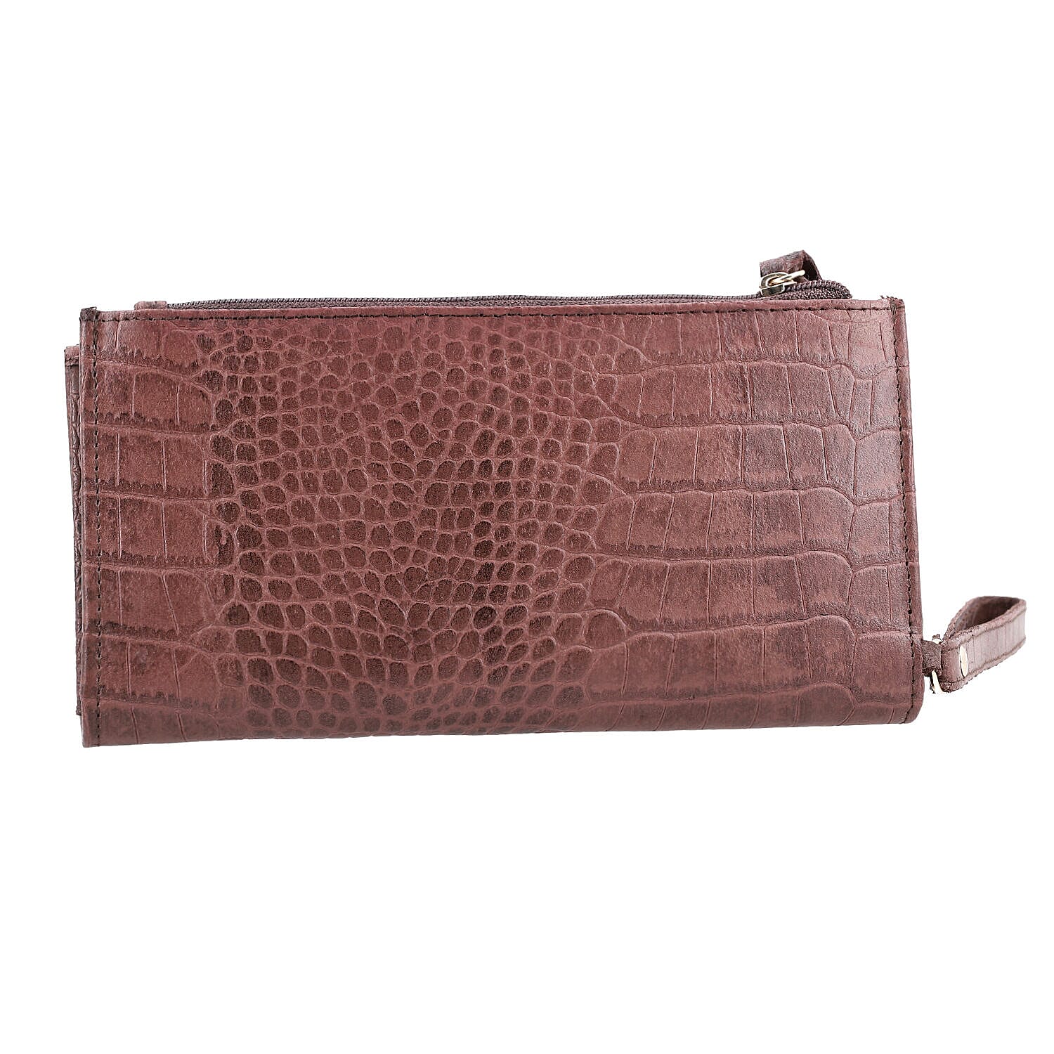 Chic Boutique- 100% Genuine Leather Croc Embossed RFID Protected Wallet with 15 Card Slots & Leather Wristlet - Brown