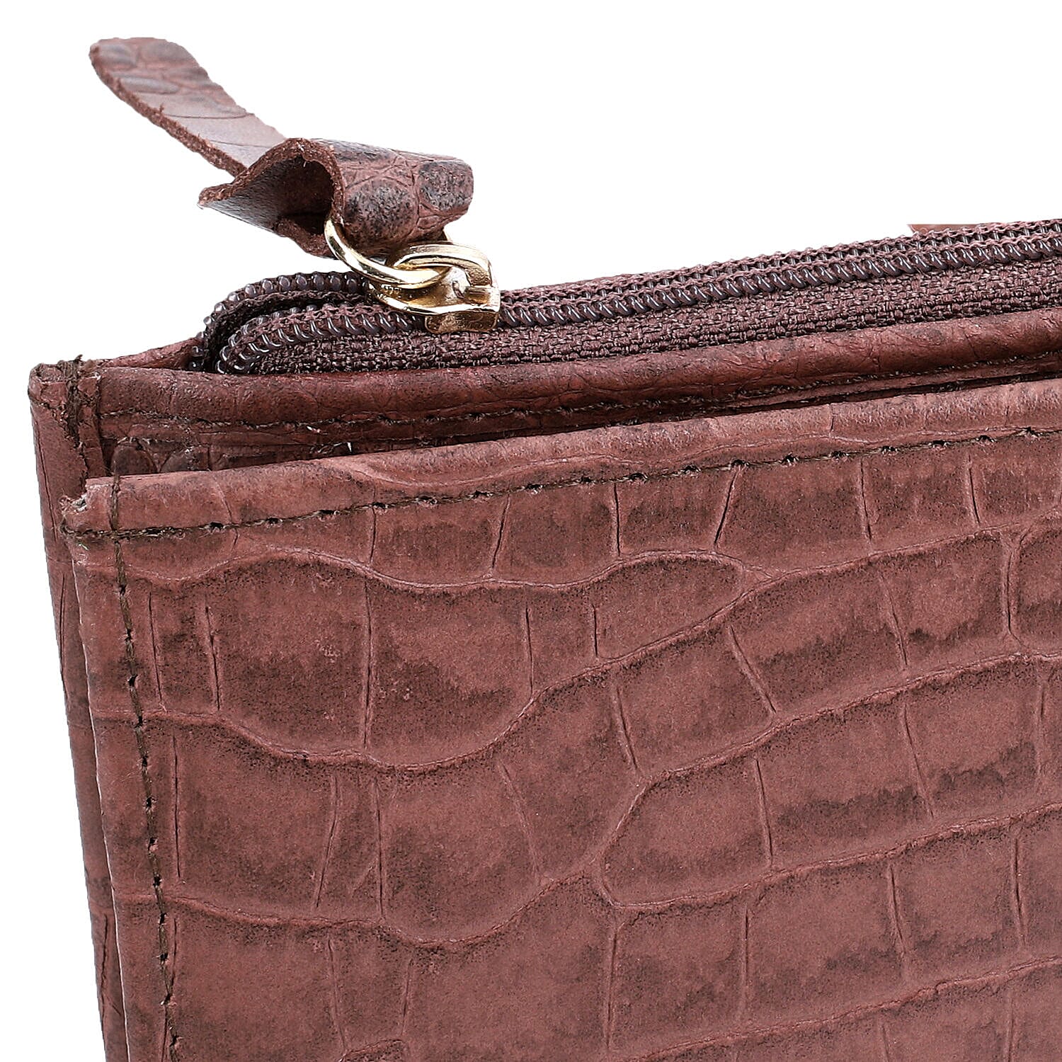 Chic Boutique- 100% Genuine Leather Croc Embossed RFID Protected Wallet with 15 Card Slots & Leather Wristlet - Brown