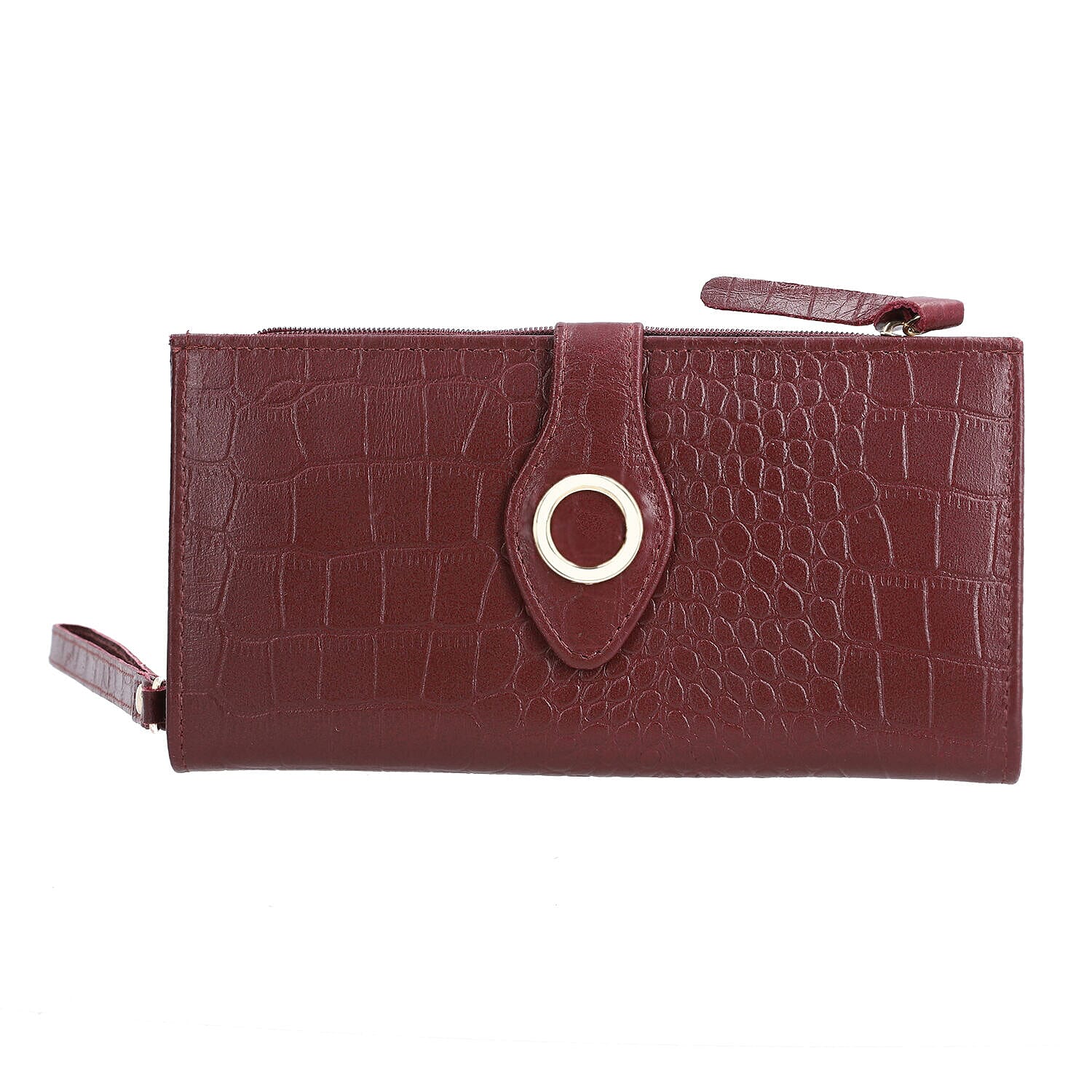 Chic Boutique- 100% Genuine Leather Croc Embossed RFID Protected Wallet with 15 card slots & Leather Wristlet - Wine