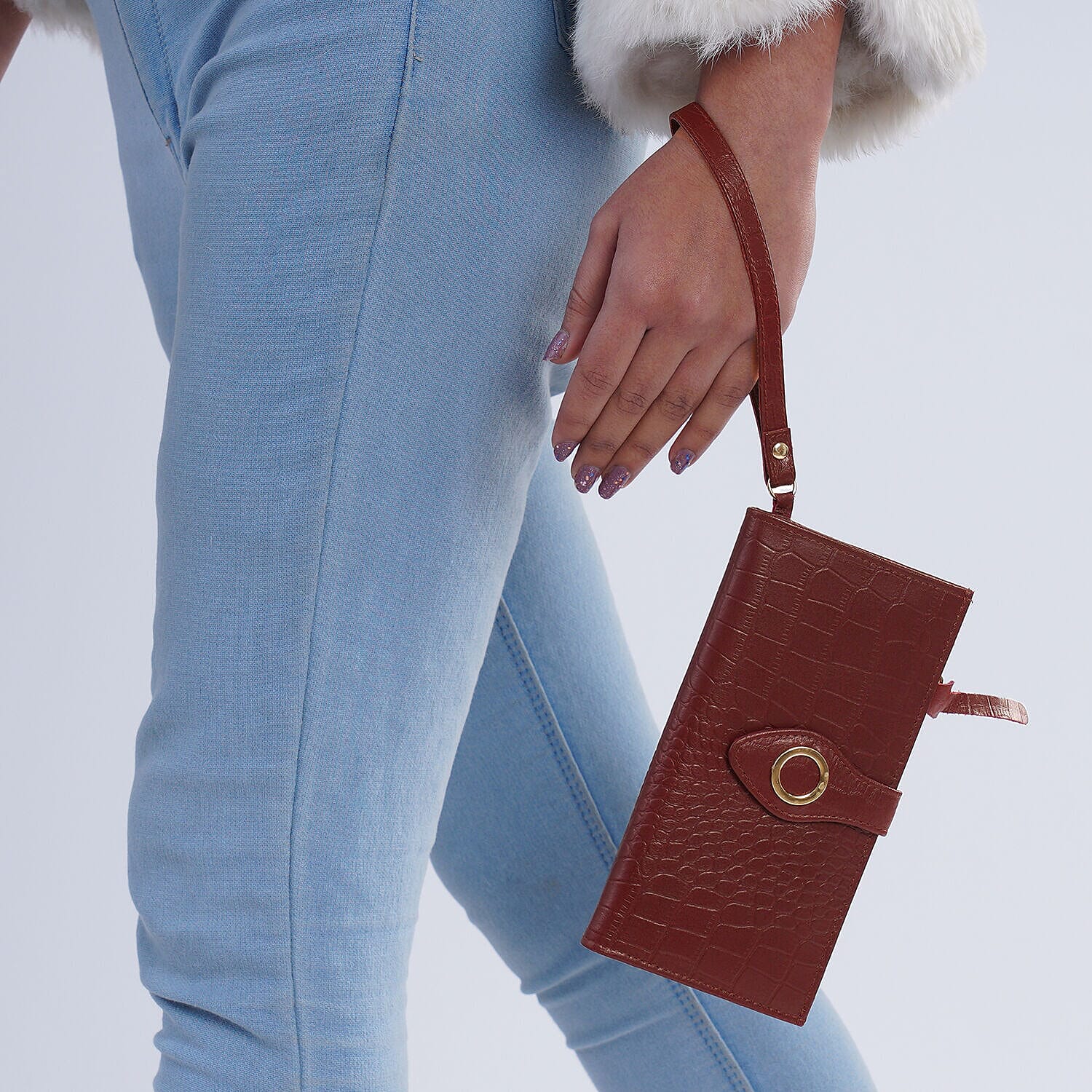 Chic Boutique- 100% Genuine Leather Croc Embossed RFID Protected Wallet with 15 card slots & Leather Wristlet - Wine