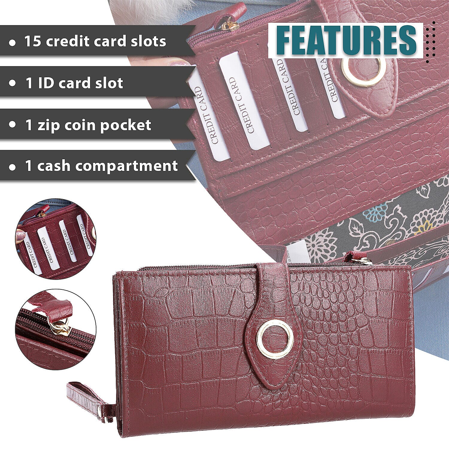 Chic Boutique- 100% Genuine Leather Croc Embossed RFID Protected Wallet with 15 card slots & Leather Wristlet - Wine