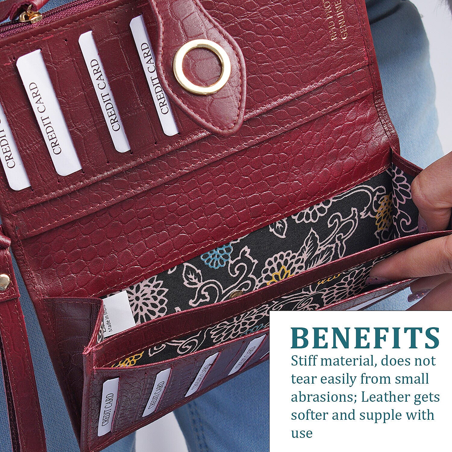 Chic Boutique- 100% Genuine Leather Croc Embossed RFID Protected Wallet with 15 card slots & Leather Wristlet - Wine