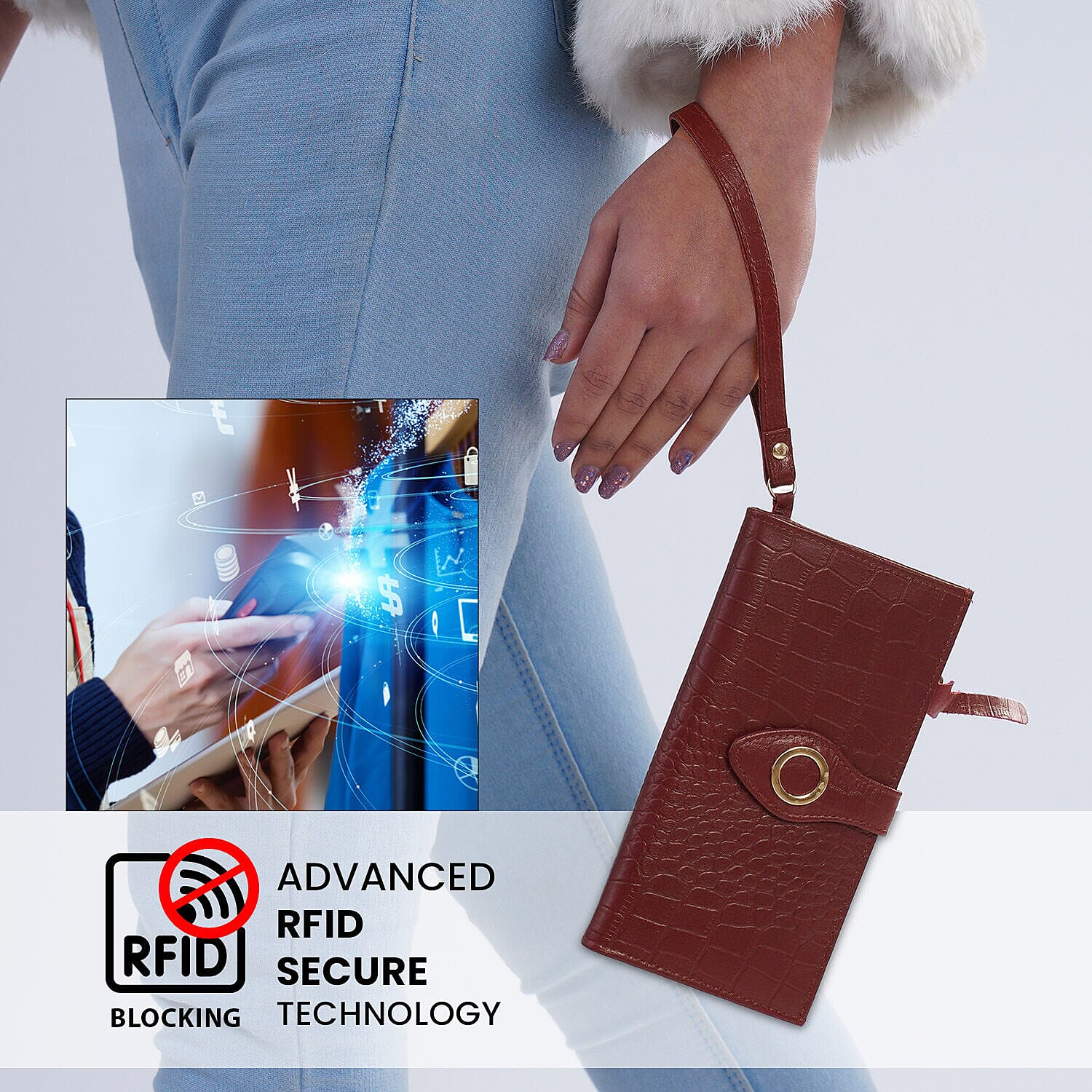 Chic Boutique- 100% Genuine Leather Croc Embossed RFID Protected Wallet with 15 card slots & Leather Wristlet - Wine