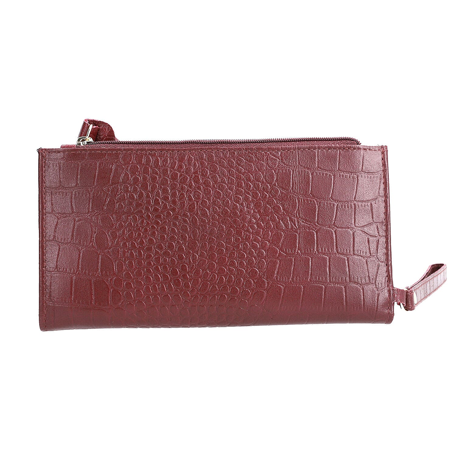 Chic Boutique- 100% Genuine Leather Croc Embossed RFID Protected Wallet with 15 card slots & Leather Wristlet - Wine