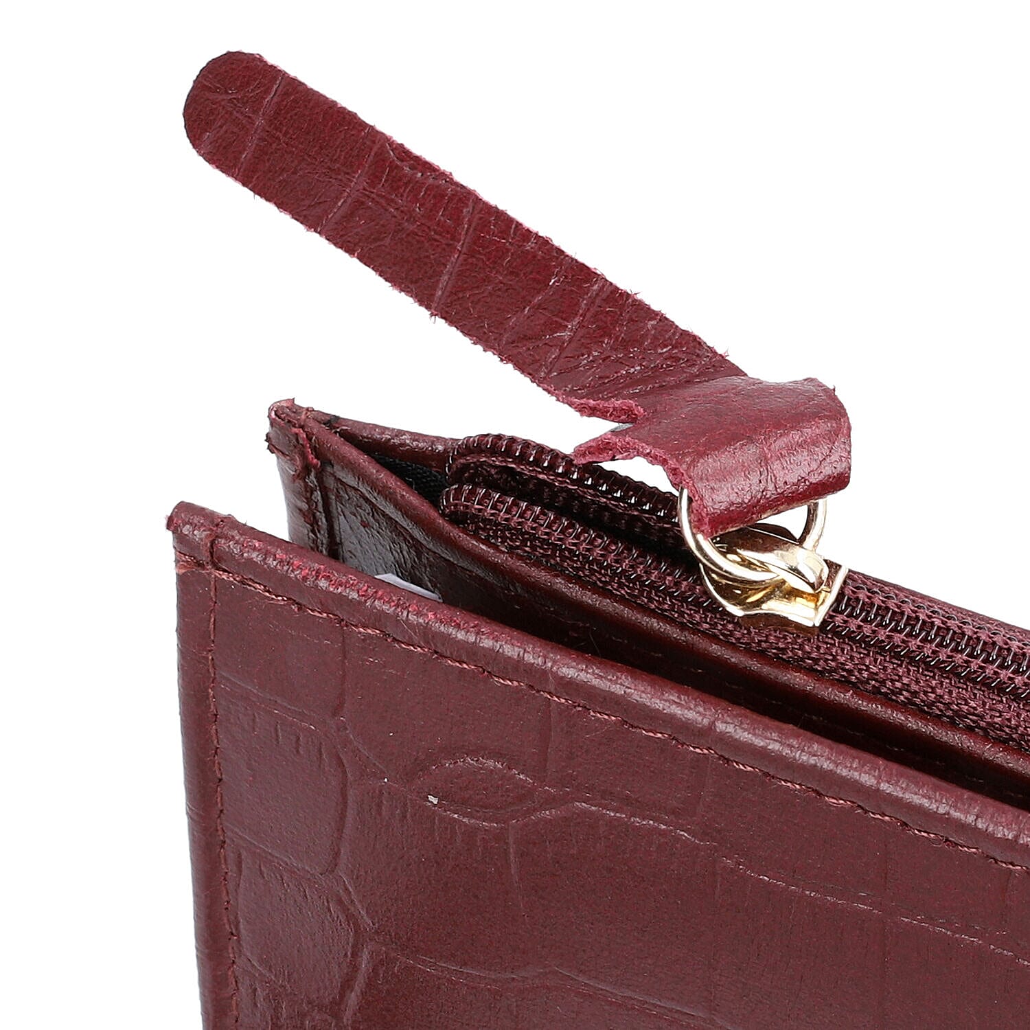 Chic Boutique- 100% Genuine Leather Croc Embossed RFID Protected Wallet with 15 card slots & Leather Wristlet - Wine