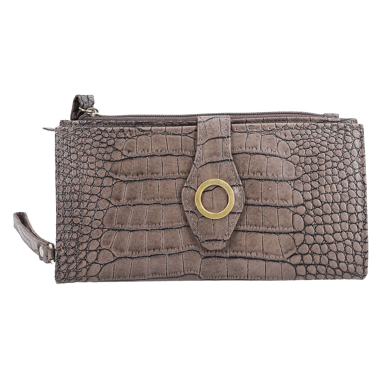 Chic Boutique- 100% Genuine Leather Croc Embossed RFID Protected Wallet with 15 card slots & Leather Wristlet - Taupe