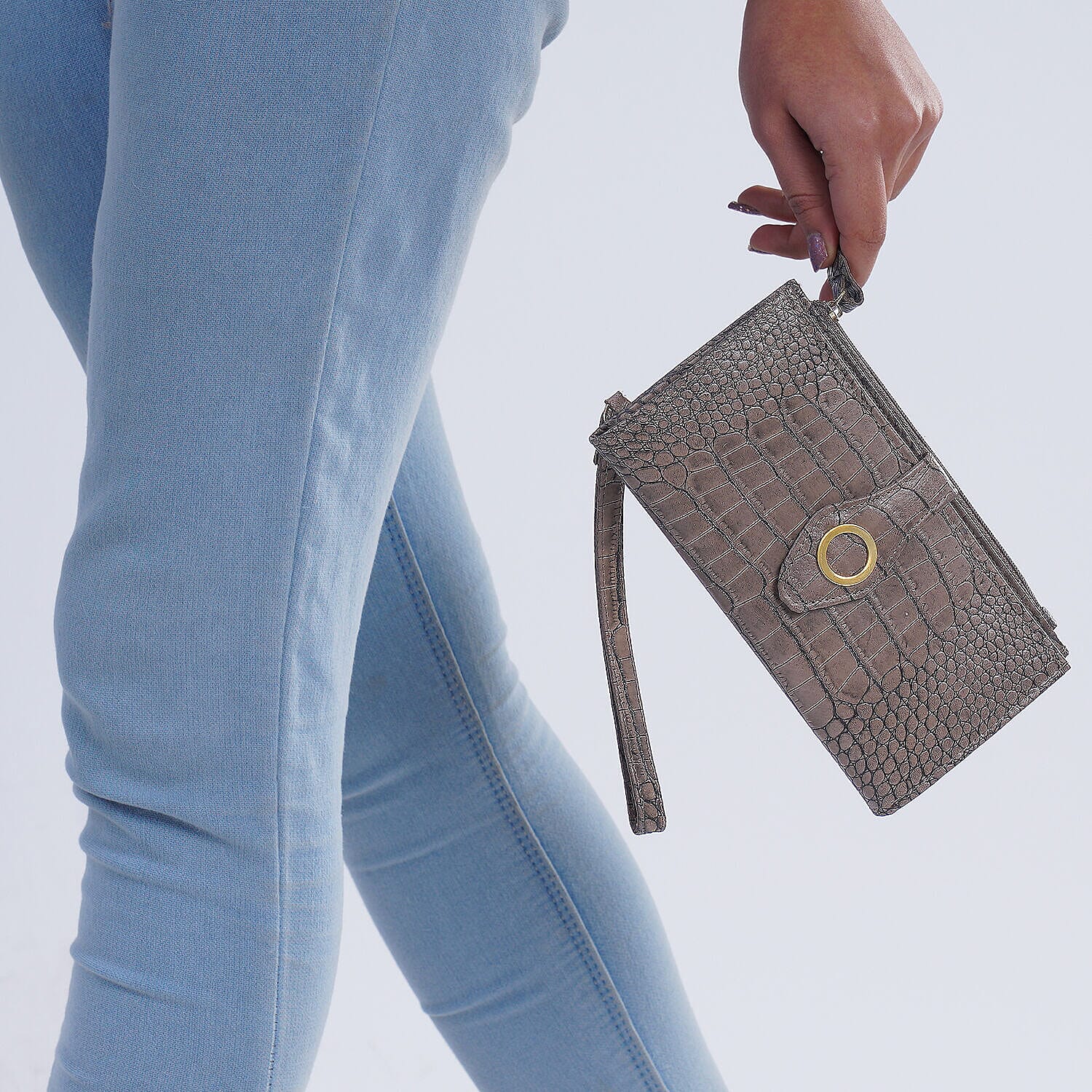 Chic Boutique- 100% Genuine Leather Croc Embossed RFID Protected Wallet with 15 card slots & Leather Wristlet - Taupe