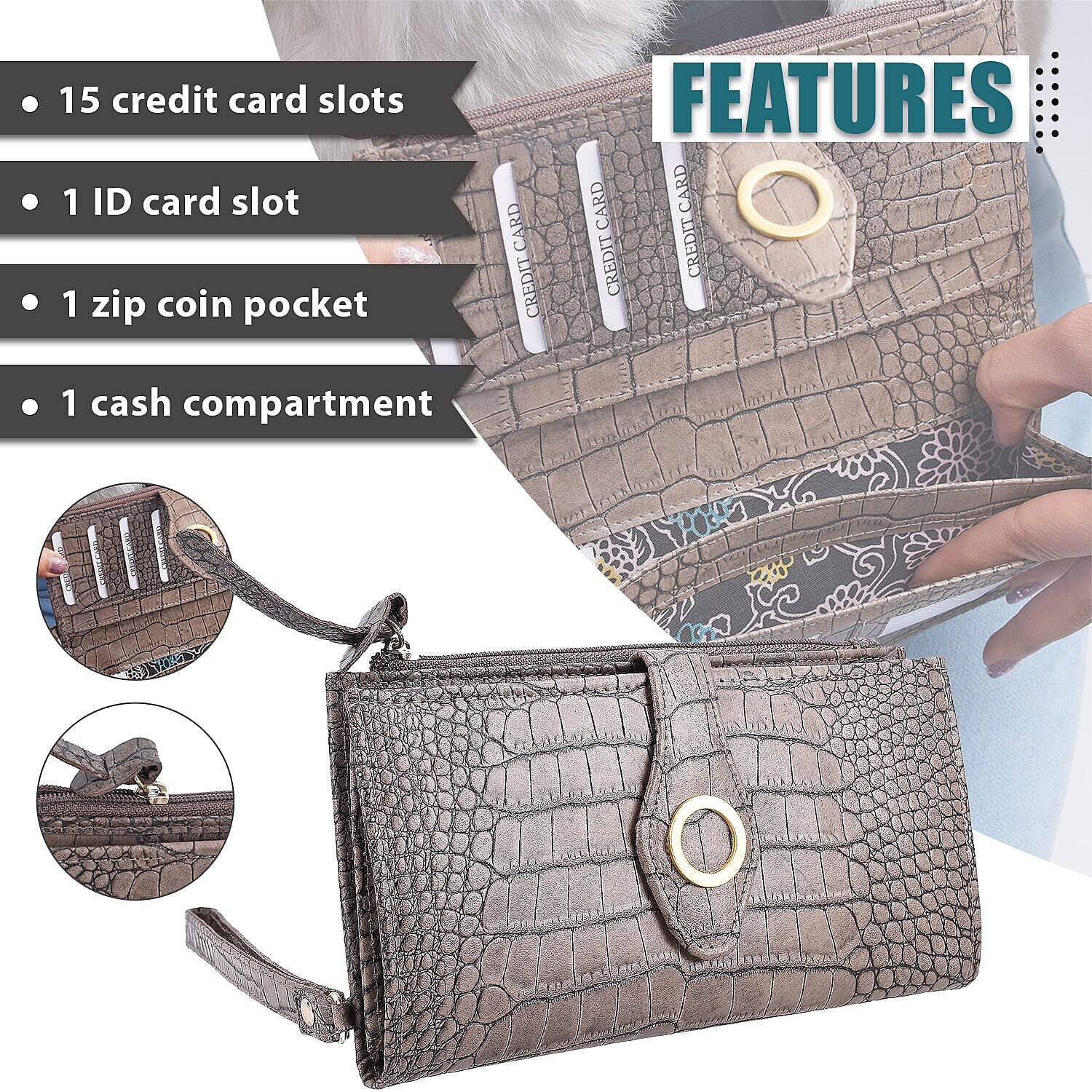 Chic Boutique- 100% Genuine Leather Croc Embossed RFID Protected Wallet with 15 card slots & Leather Wristlet - Taupe