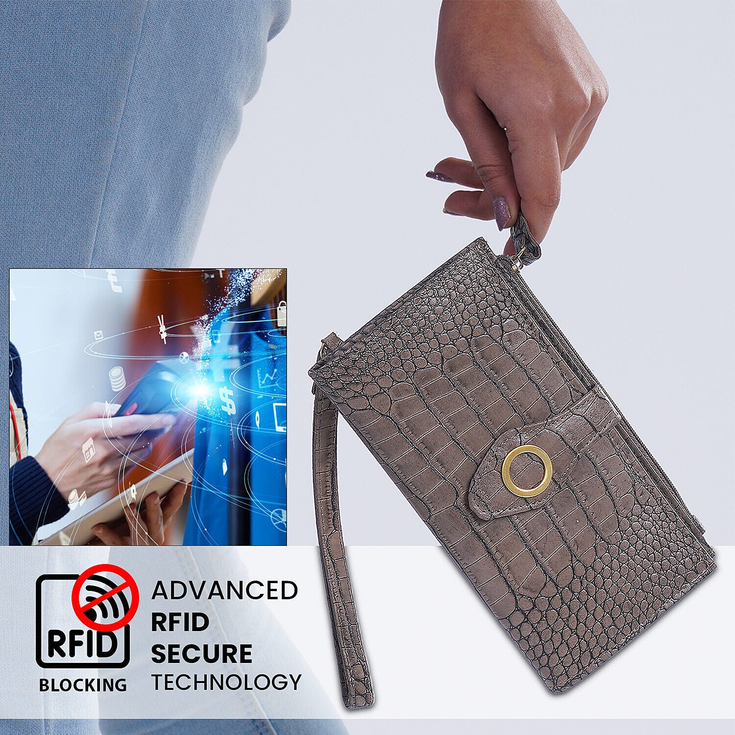 Chic Boutique- 100% Genuine Leather Croc Embossed RFID Protected Wallet with 15 card slots & Leather Wristlet - Taupe