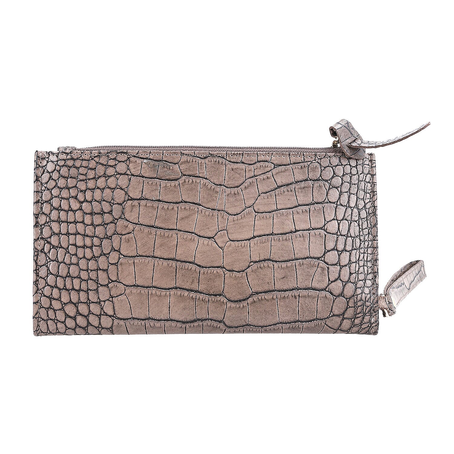 Chic Boutique- 100% Genuine Leather Croc Embossed RFID Protected Wallet with 15 card slots & Leather Wristlet - Taupe