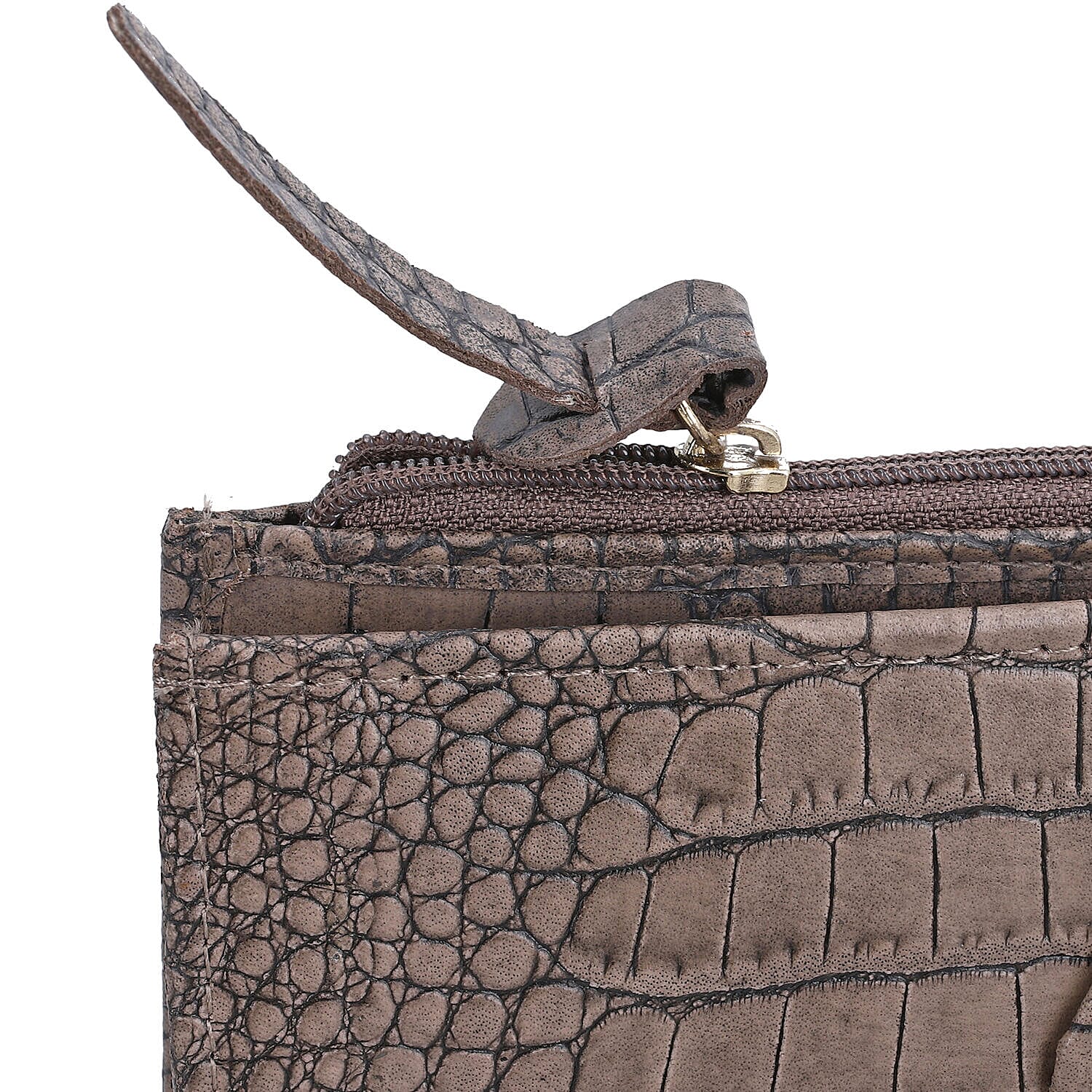 Chic Boutique- 100% Genuine Leather Croc Embossed RFID Protected Wallet with 15 card slots & Leather Wristlet - Taupe