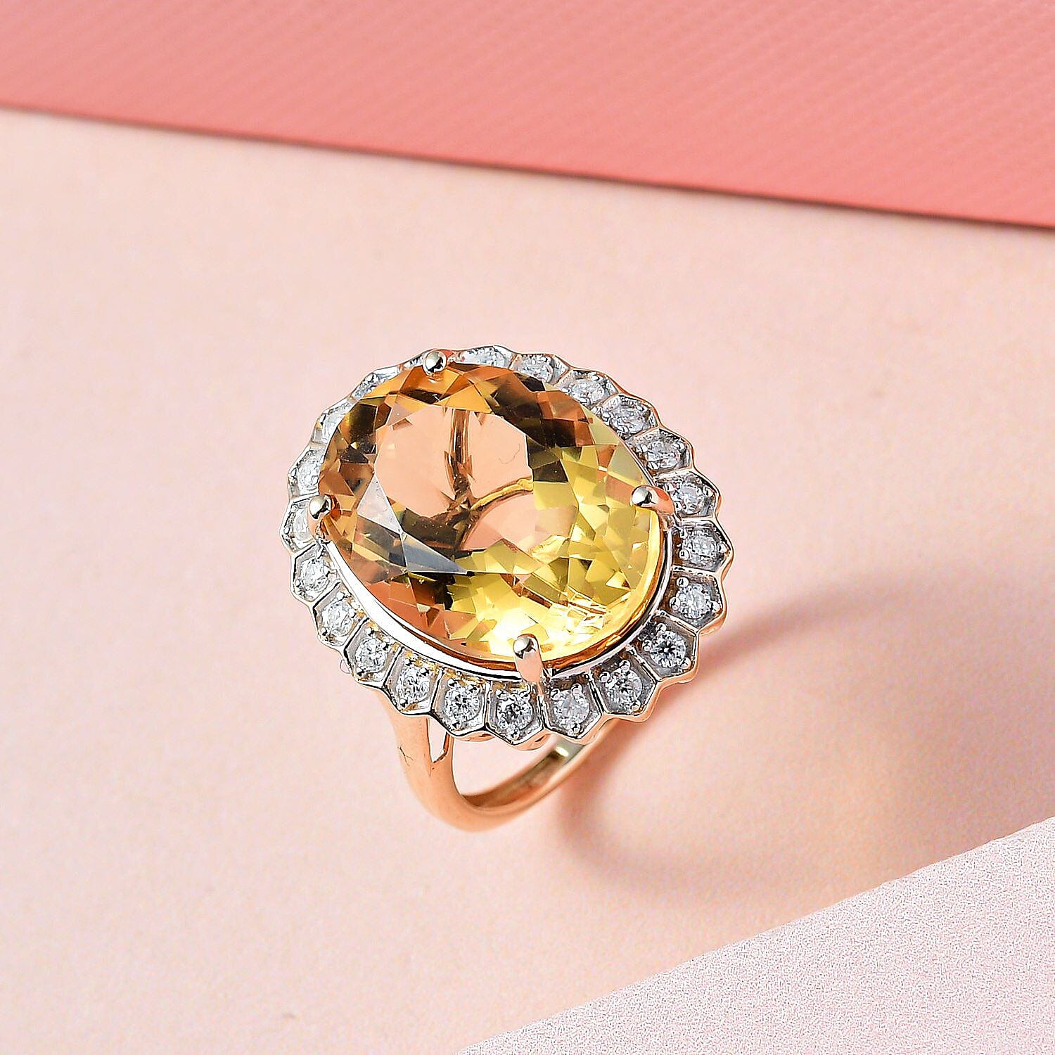 9K Yellow Gold Citrine & Moissanite Ring 10.00 Ct. Gold Wt - 3.60 grams