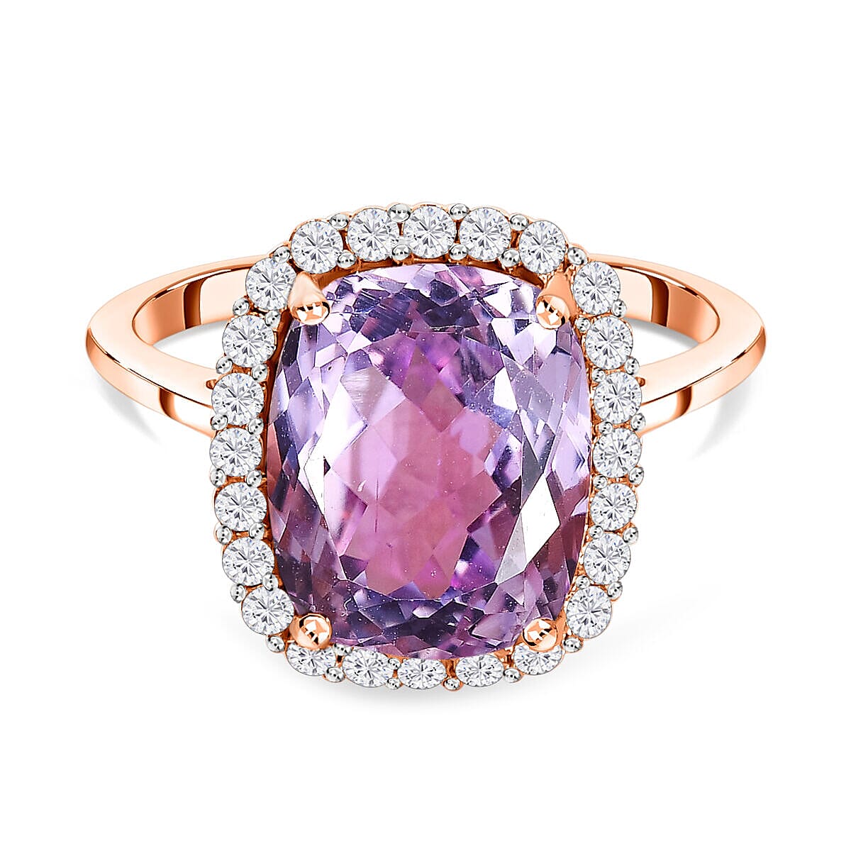 9K Rose Gold Kunzite and Moissanite Ring 5.80 Ct