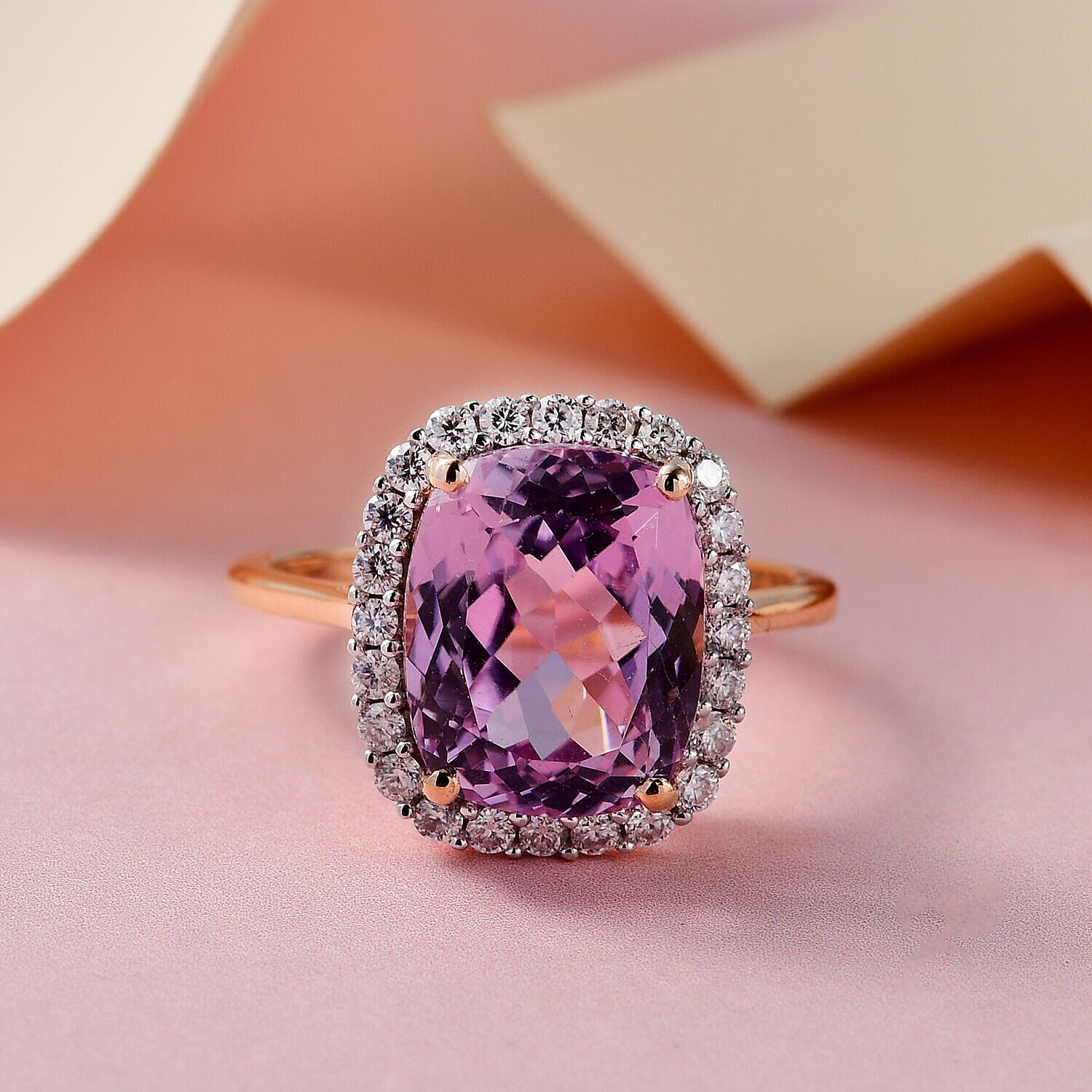 9K Rose Gold Kunzite and Moissanite Ring 5.80 Ct
