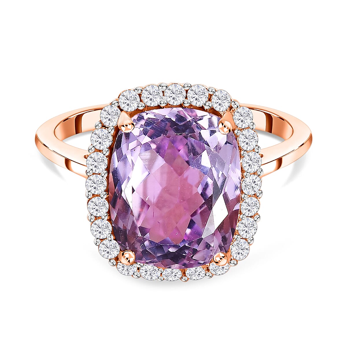 9K Rose Gold Kunzite and Moissanite Ring 5.80 Ct