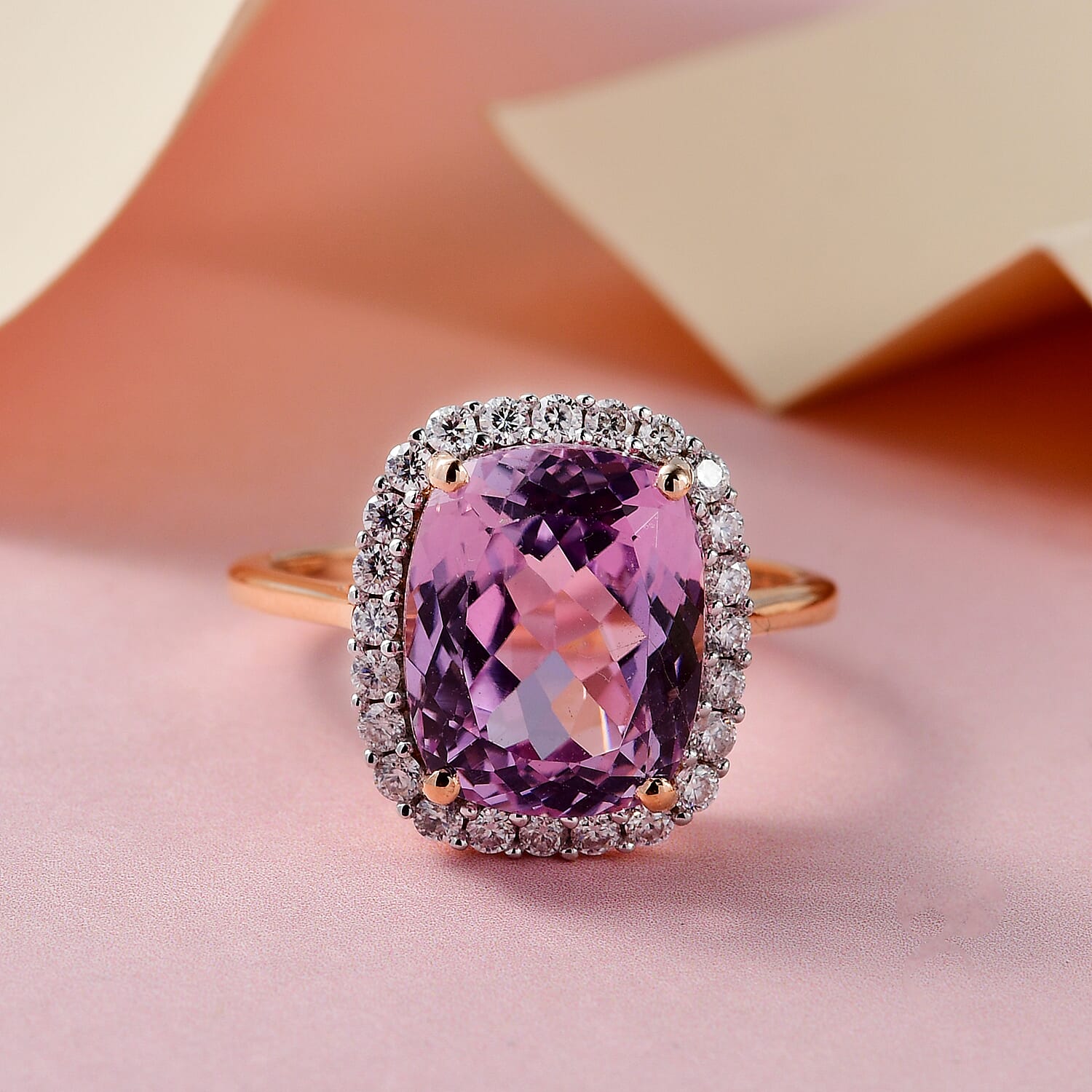 9K Rose Gold Kunzite and Moissanite Ring 5.80 Ct