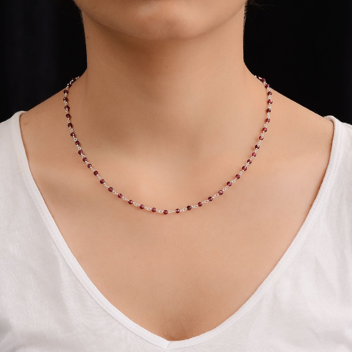 Red Garnet Beads Necklace (Size - 20) in Sterling Silver 16.77 Ct.