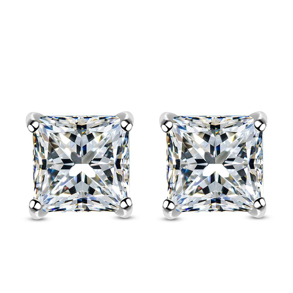 Simulated Diamond (Princess Cut) Stud Earrings (With Push Back) in Platinum Overaly Sterling Silver