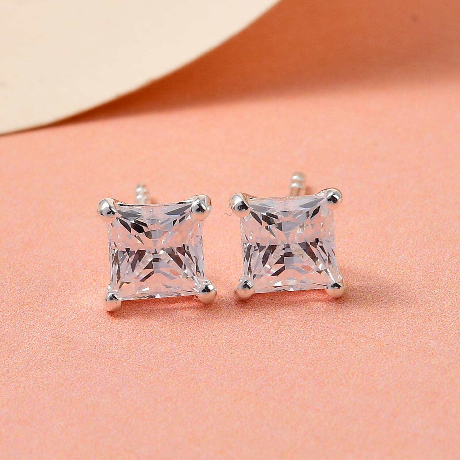 Simulated Diamond (Princess Cut) Stud Earrings (With Push Back) in Platinum Overaly Sterling Silver