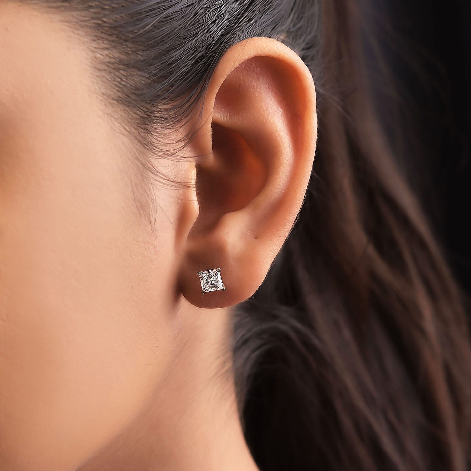 Simulated Diamond (Princess Cut) Stud Earrings (With Push Back) in Platinum Overaly Sterling Silver