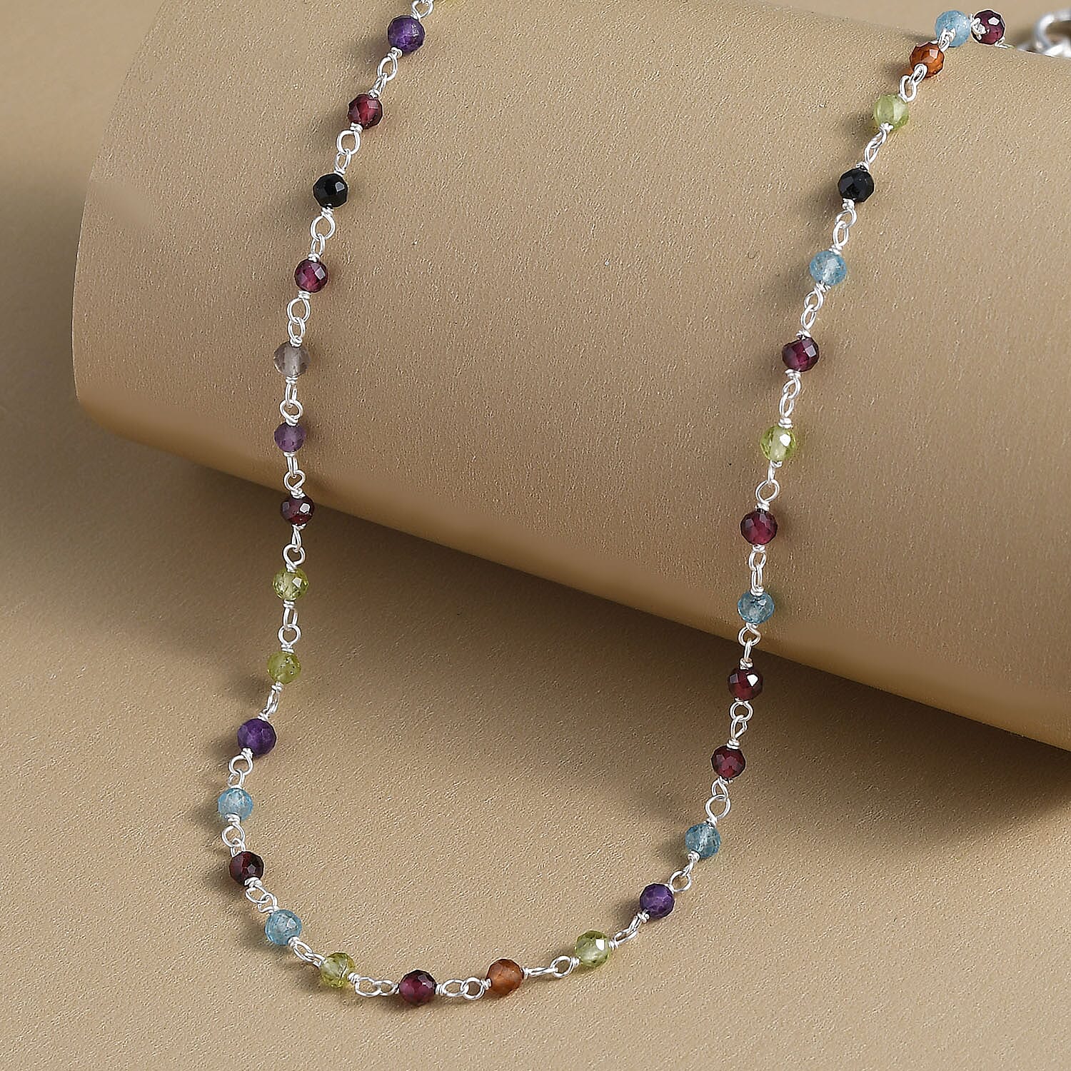 Multi Gemstone Beads Necklace (Size - 20) in Sterling Silver 14.39 Ct.