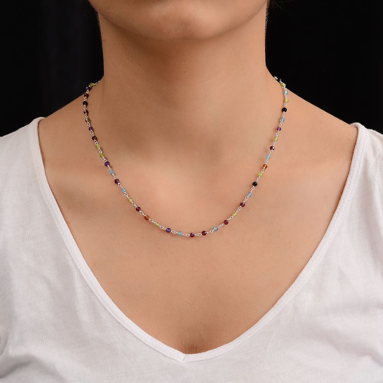 Multi Gemstone Beads Necklace (Size - 20) in Sterling Silver 14.39 Ct.
