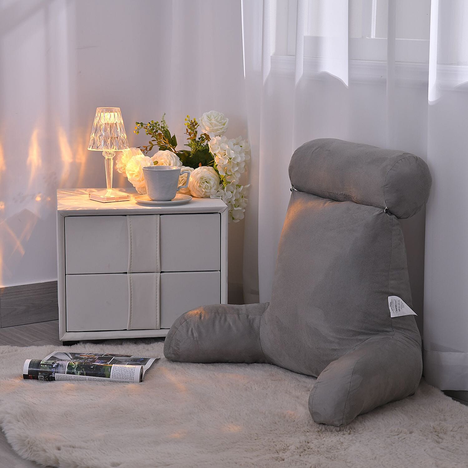 100% Cotton Therapeutic Reading Pillow-Lumbar Support Cushion with Armrest (Size 51x29x17 Cm) - Grey