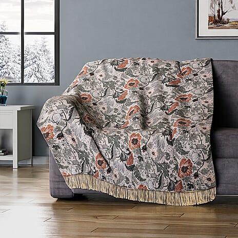 100% Cotton Woven Floral Printed Throw (Size 180x130 cm) - Cream & Multi