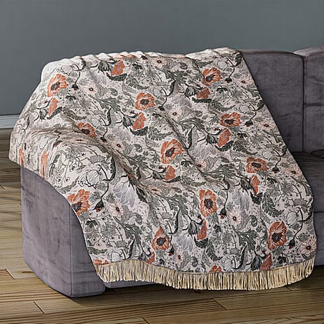 100% Cotton Woven Floral Printed Throw (Size 180x130 cm) - Cream - Multi