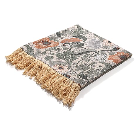 100% Cotton Woven Floral Printed Throw (Size 180x130 cm) - Cream - Multi