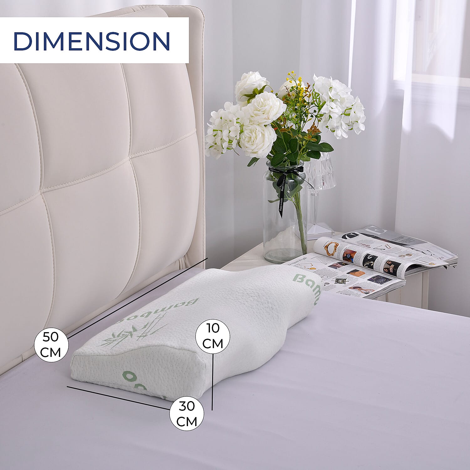 Cooling Gel Memory Foam Pillow with Bamboo Cover (Size 50x30x10 cm) - White