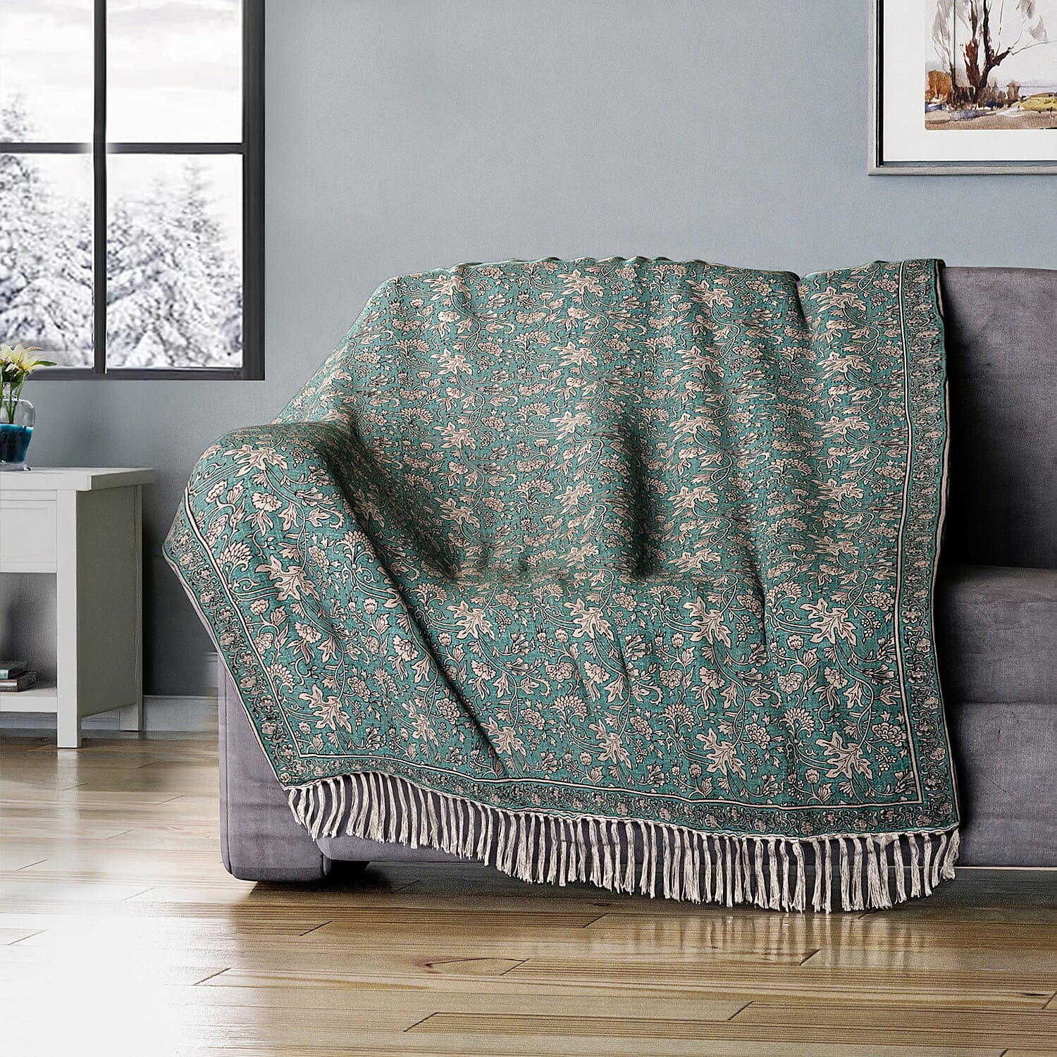 100 Cotton Woven Floral Printed Throw Size 130 x 180 cm Green White