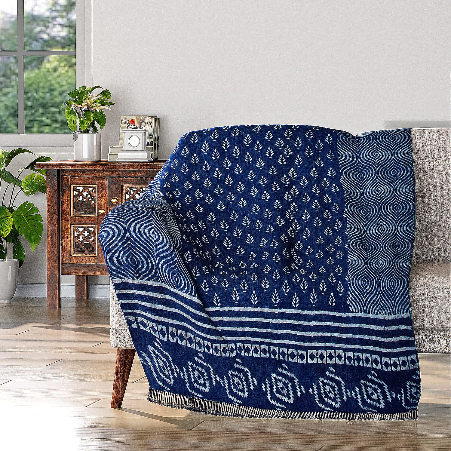 Luxury Edition - 100 % Cotton Woven Hand Block Printed Throw with Tassels (Size 180x130 cm) - Blue and White