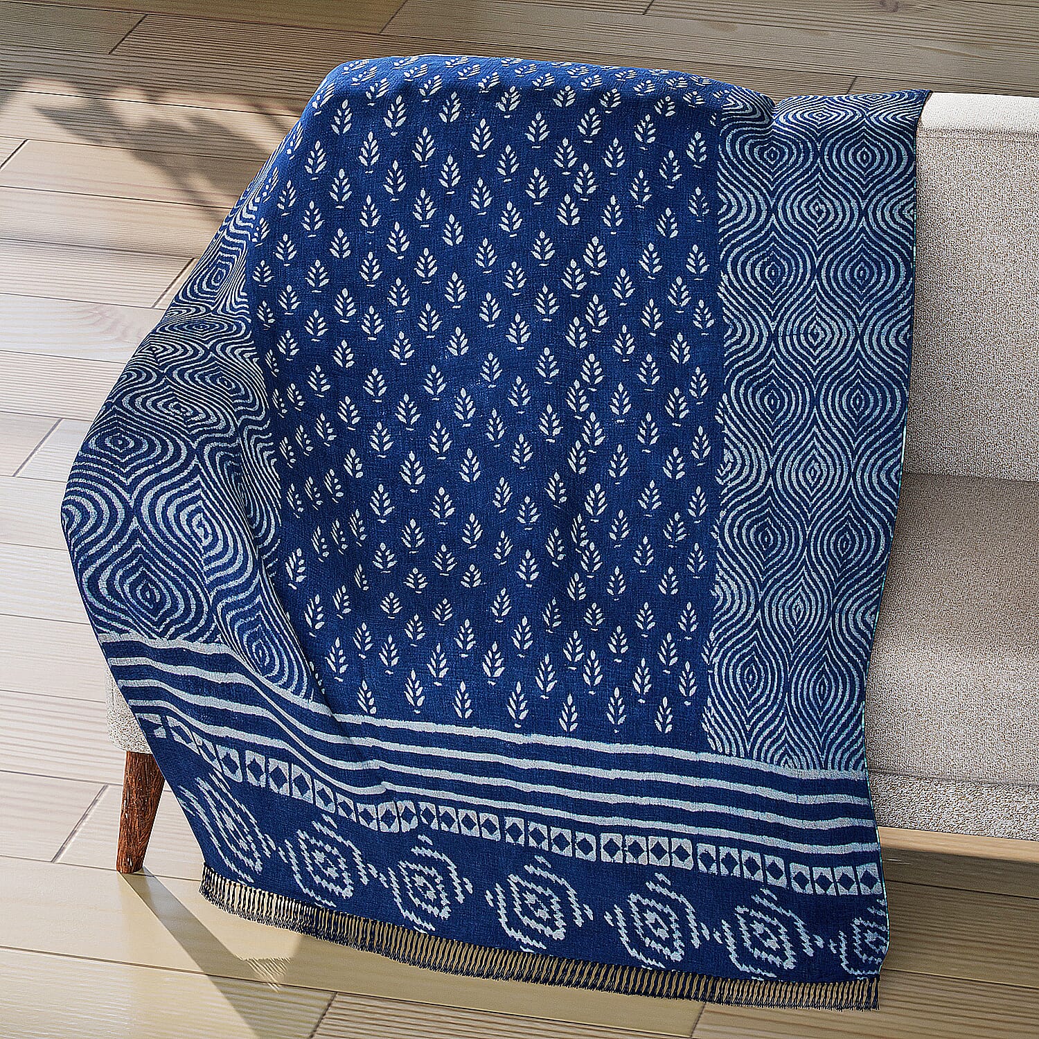 Luxury Edition - 100 % Cotton Woven Hand Block Printed Throw with Tassels (Size 180x130 cm) - Blue and White