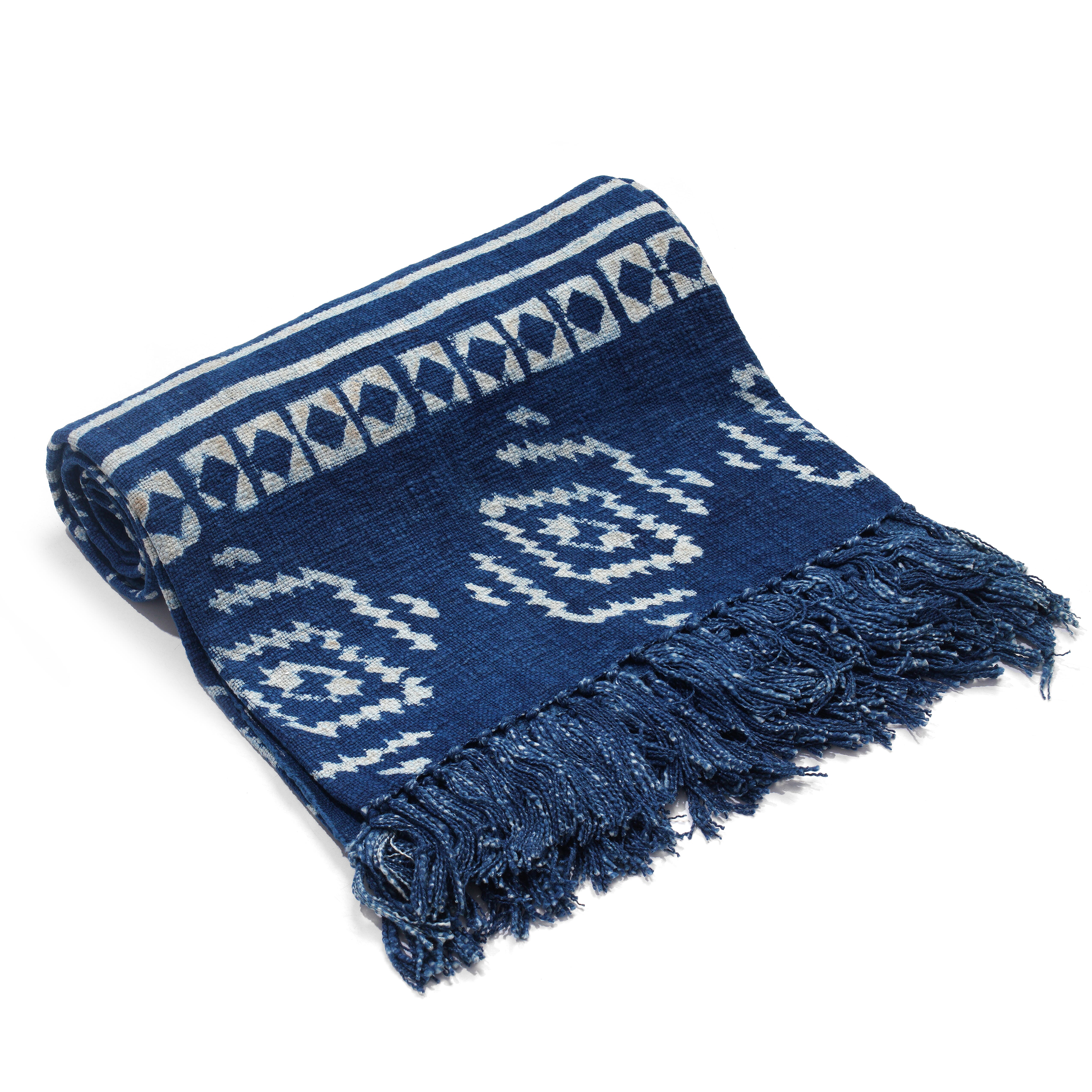 Luxury Edition - 100 % Cotton Woven Hand Block Printed Throw with Tassels (Size 180x130 cm) - Blue and White