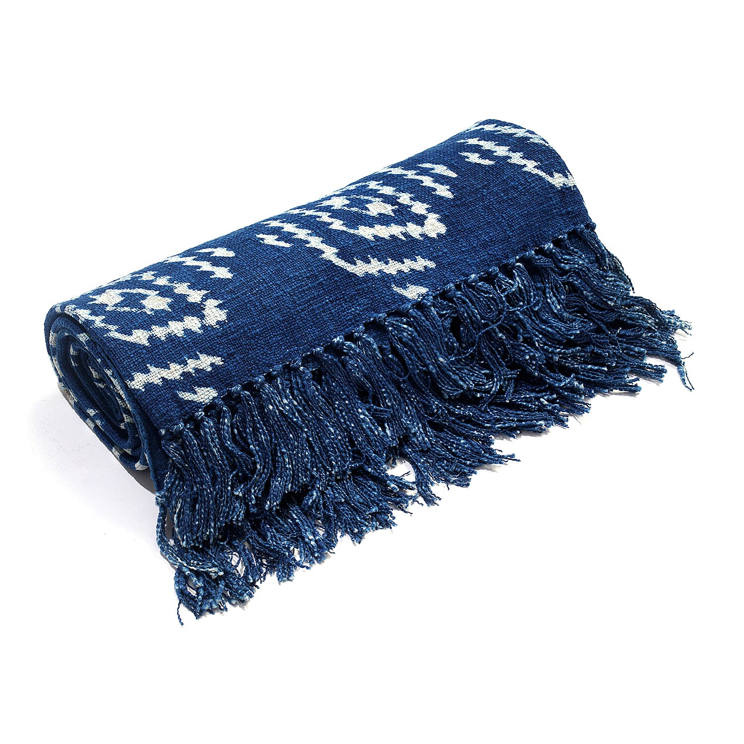 Luxury Edition - 100 % Cotton Woven Hand Block Printed Throw with Tassels (Size 180x130 cm) - Blue and White