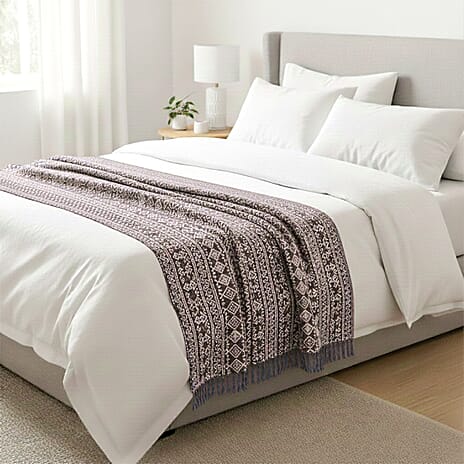 Luxury Edition - 100% Cotton Woven Hand Block Printed Throw with Tassels (Size 180x130 cm) - Brown - White