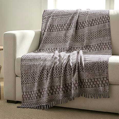 Luxury Edition - 100% Cotton Woven Hand Block Printed Throw with Tassels (Size 180x130 cm) - Brown - White