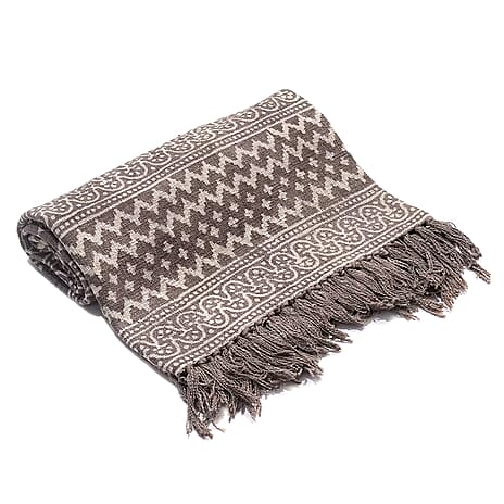 Luxury Edition - 100% Cotton Woven Hand Block Printed Throw with Tassels (Size 180x130 cm) - Brown - White