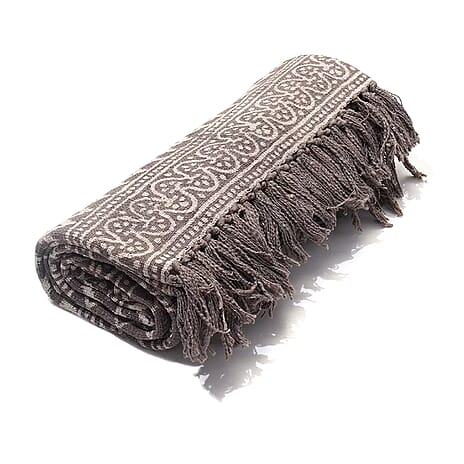 Luxury Edition - 100% Cotton Woven Hand Block Printed Throw with Tassels (Size 180x130 cm) - Brown - White