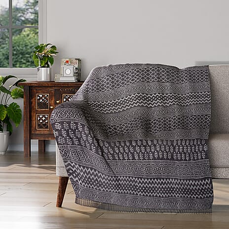 Luxury Edition - 100 % Cotton Woven Hand Block Printed Throw with Tassels (Size 180x130 cm) - Brown & White