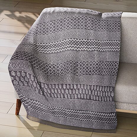 Luxury Edition - 100 % Cotton Woven Hand Block Printed Throw with Tassels (Size 180x130 cm) - Brown & White