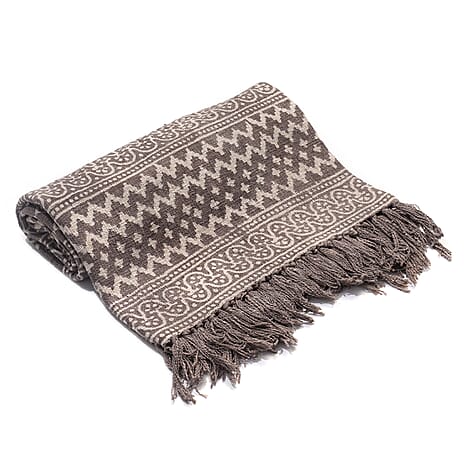 Luxury Edition - 100 % Cotton Woven Hand Block Printed Throw with Tassels (Size 180x130 cm) - Brown & White