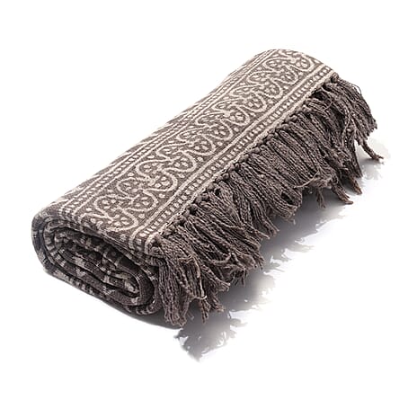 Luxury Edition - 100 % Cotton Woven Hand Block Printed Throw with Tassels (Size 180x130 cm) - Brown & White