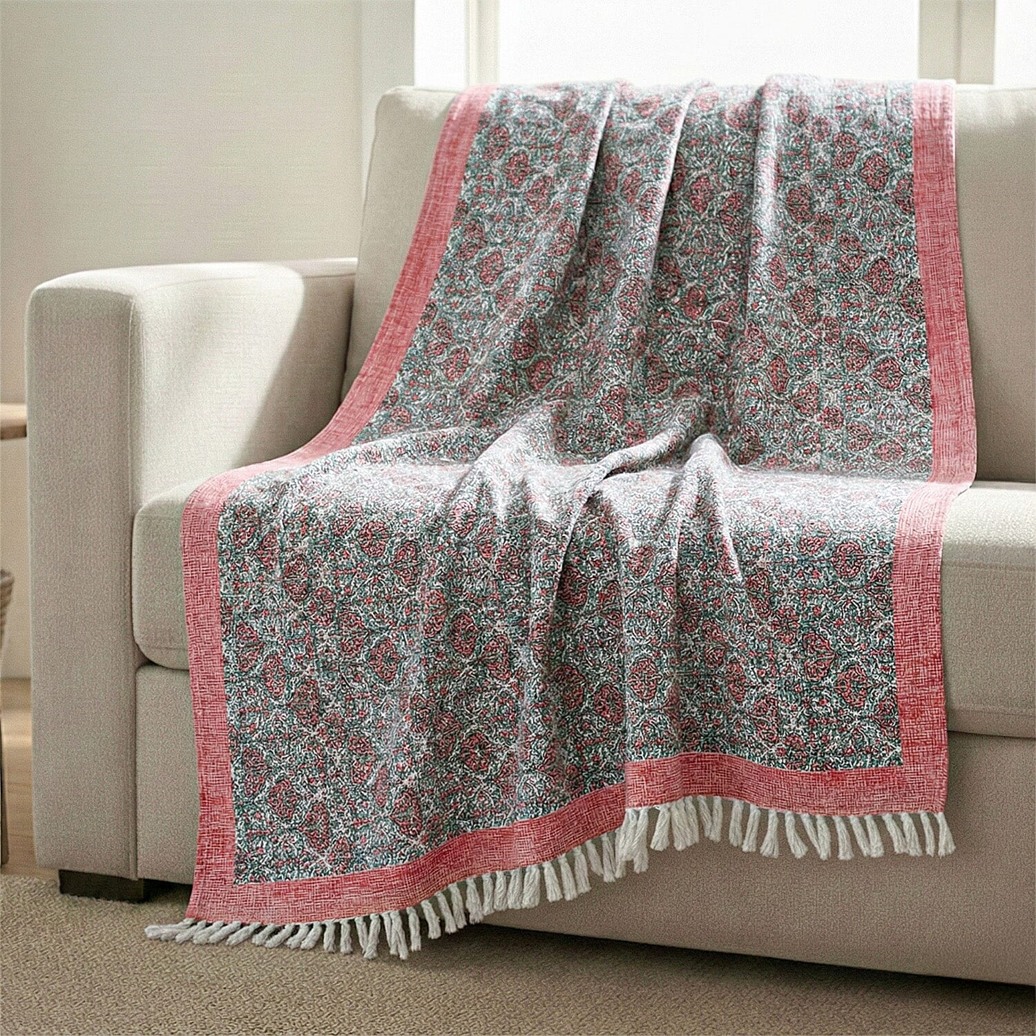 Hand-Made-Block-Printed-Cotton-Throw-Size-130x180-CM-Colour-Peach-and-