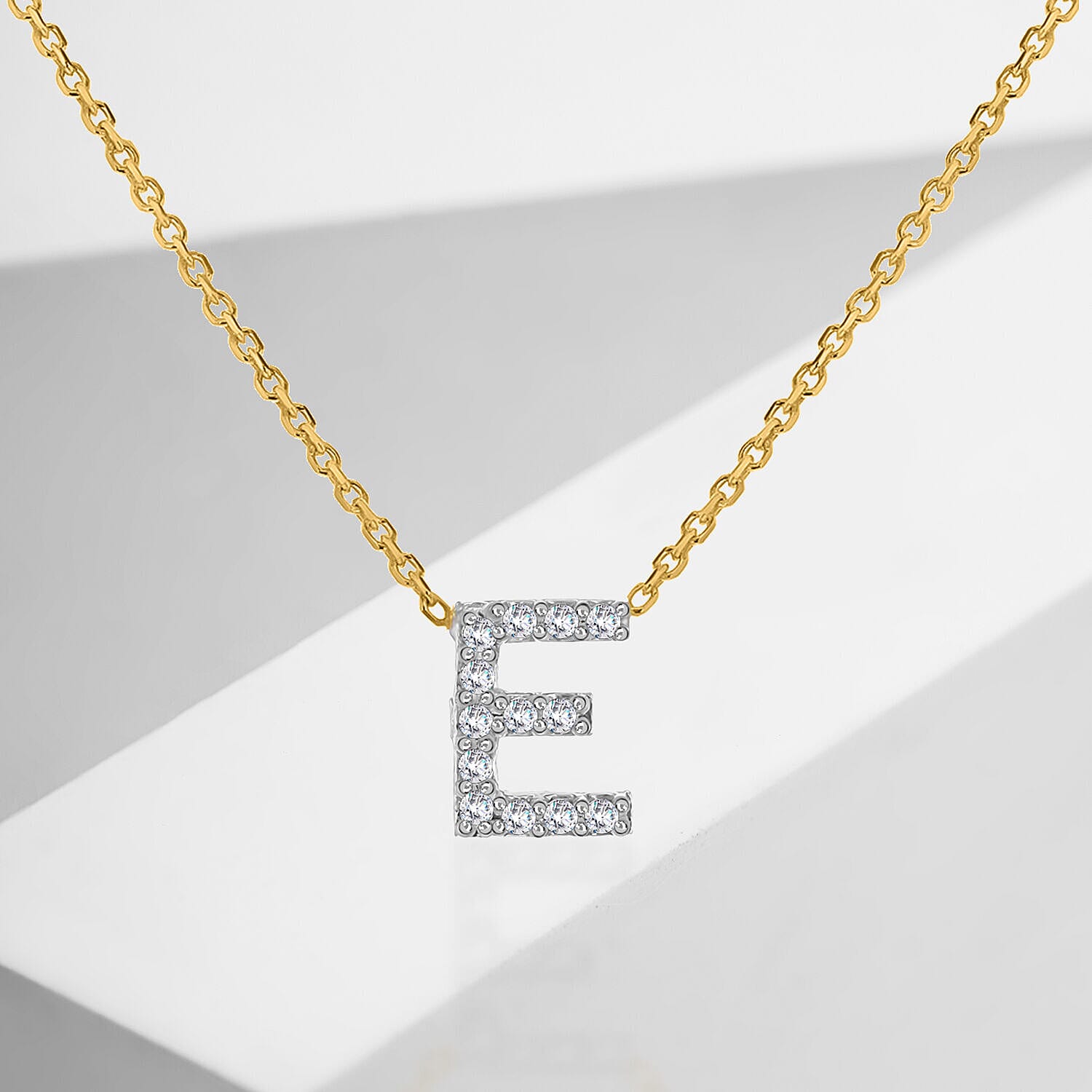 9K Yellow and White Gold With VS SI Diamond Mini Initial E Necklace 17 Inch