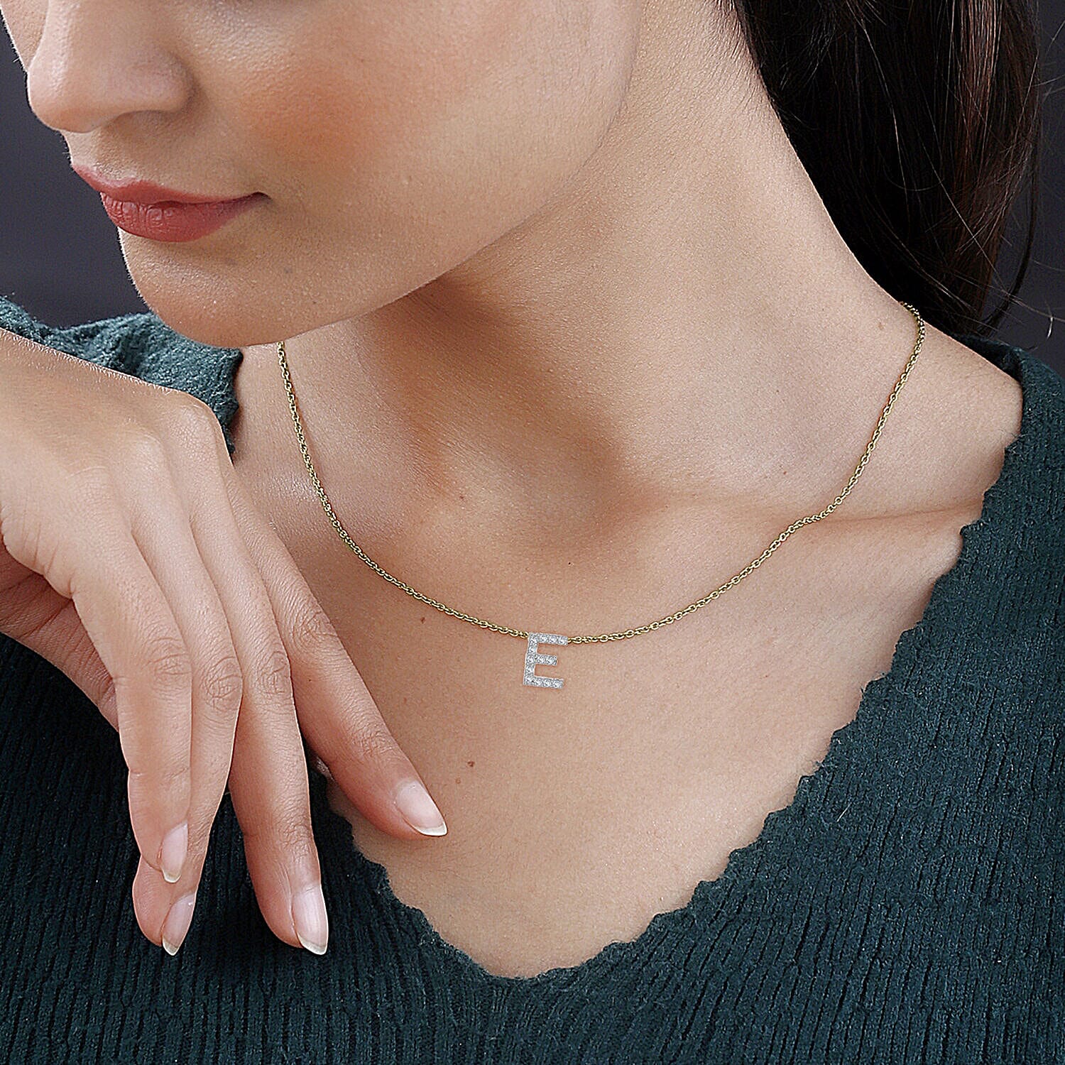 9K Yellow and White Gold With VS SI Diamond Mini Initial E Necklace 17 Inch