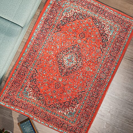 Hand Made 100% Cotton Digital Printed Rug (Size 180x120 cm) - Red & Multi