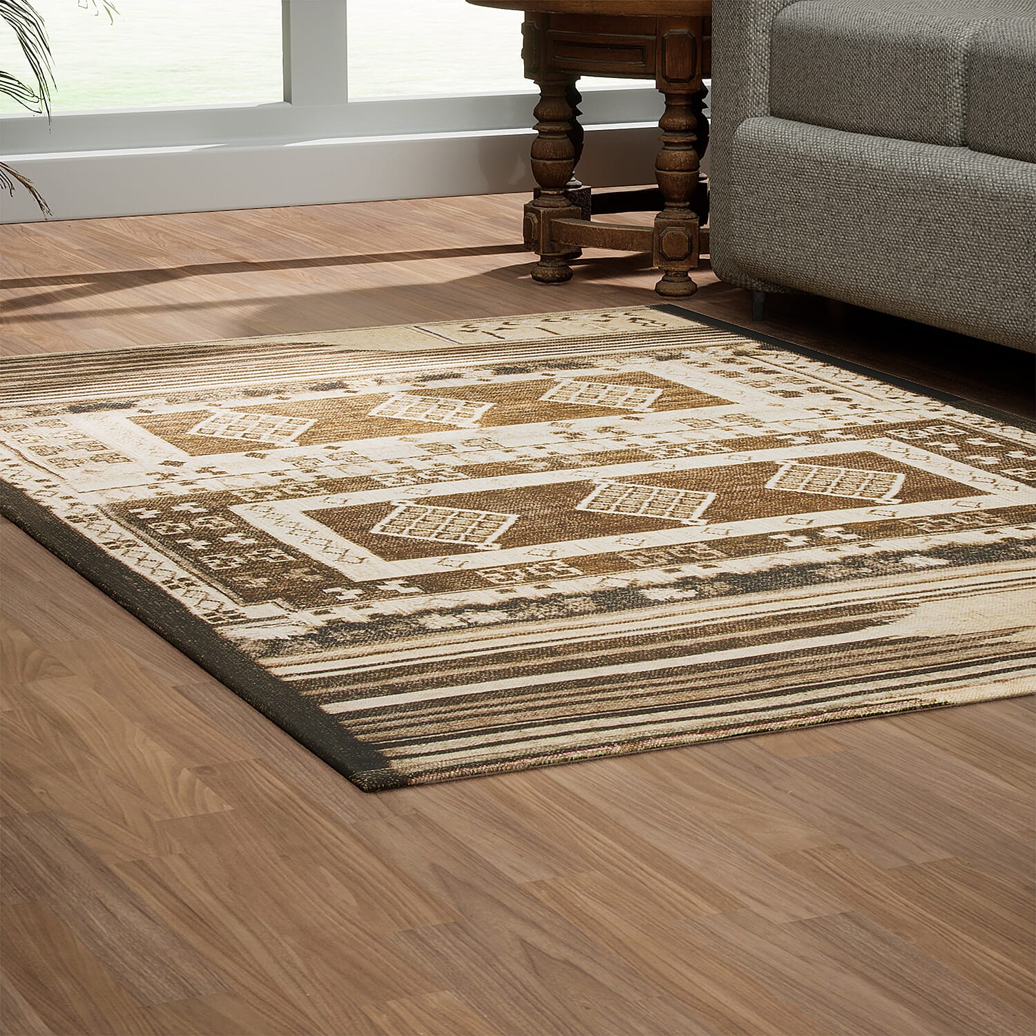 Hand Made 100% Cotton Printed Rug (Size 180x120 cm) - Beige - Green