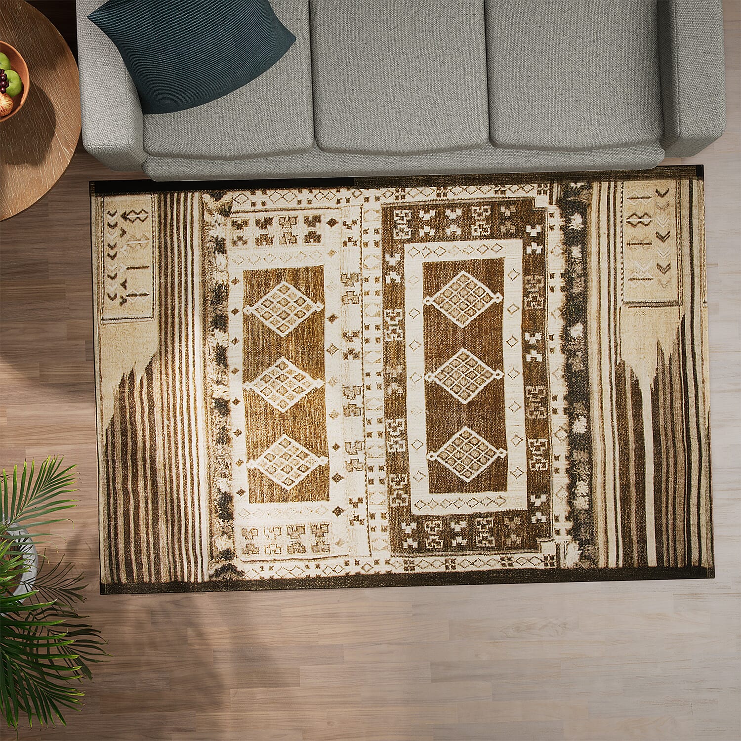 Hand Made 100% Cotton Printed Rug (Size 180x120 cm) - Beige - Green